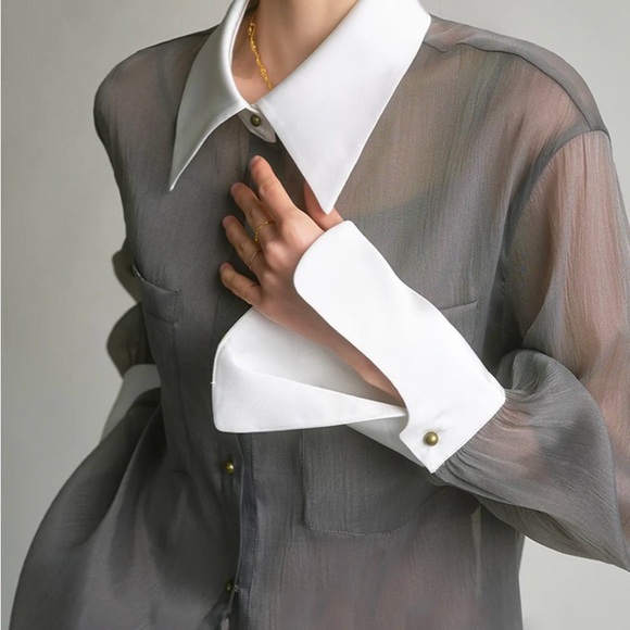 Chic Sheer Gray Blouse with White Collar - Picture 2 of 5